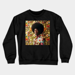 Man with an afro standing in front of a floral wallpaper Crewneck Sweatshirt